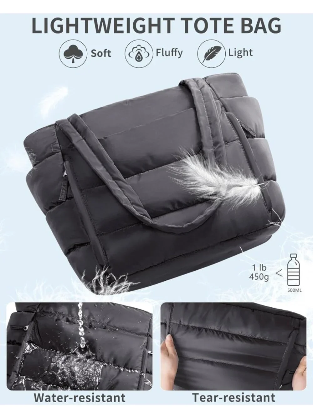 👜Women's Charcoal Gray Puffer Tote Bag 16 Pocket Work Gym Travel Laptop Handbag